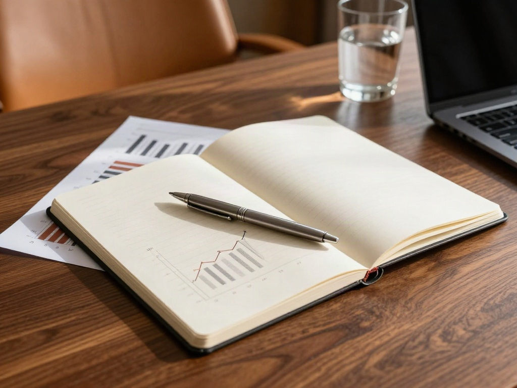 A notebook, pen, and performance charts prepared for a focused business review